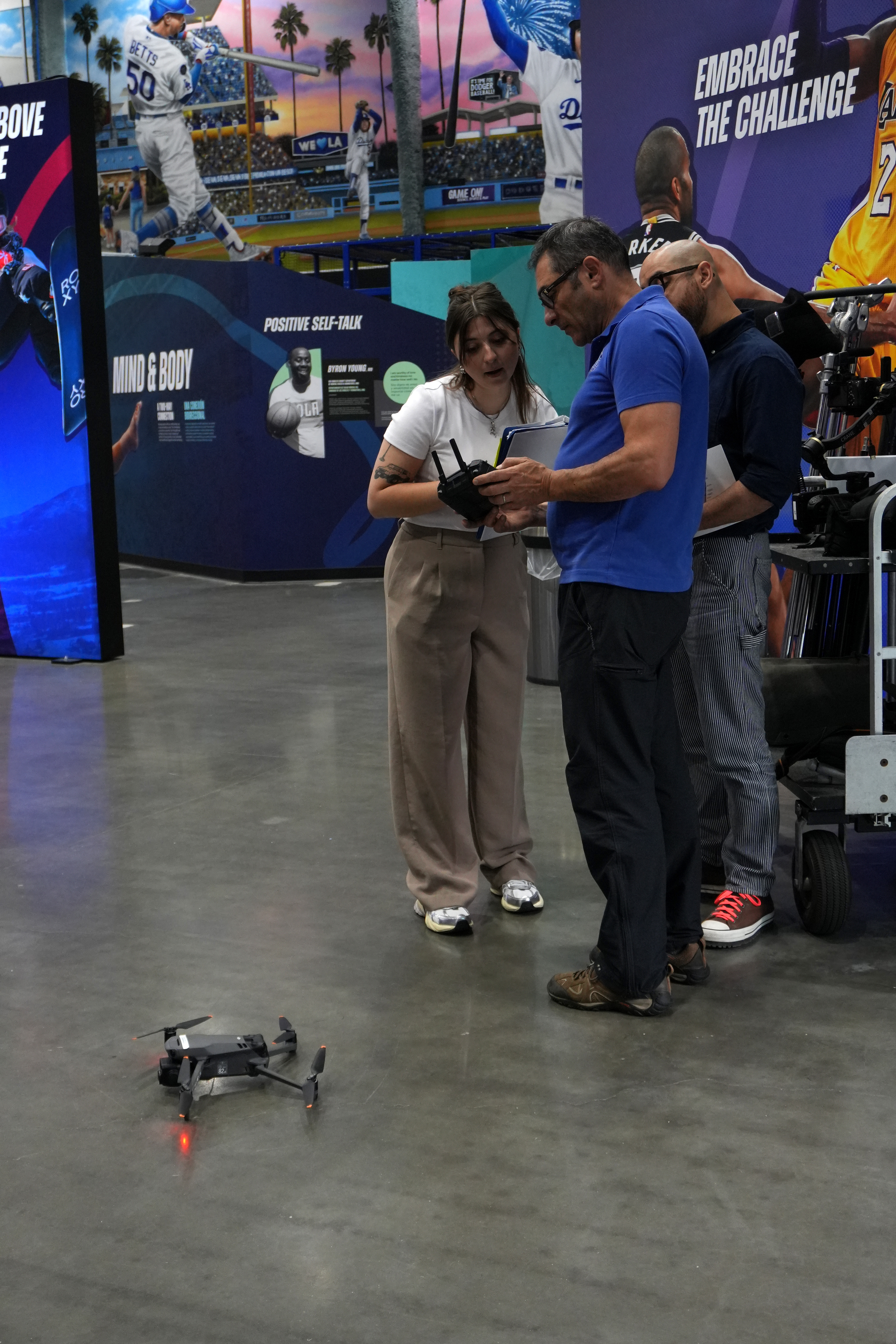 Looking at drone footage with client
